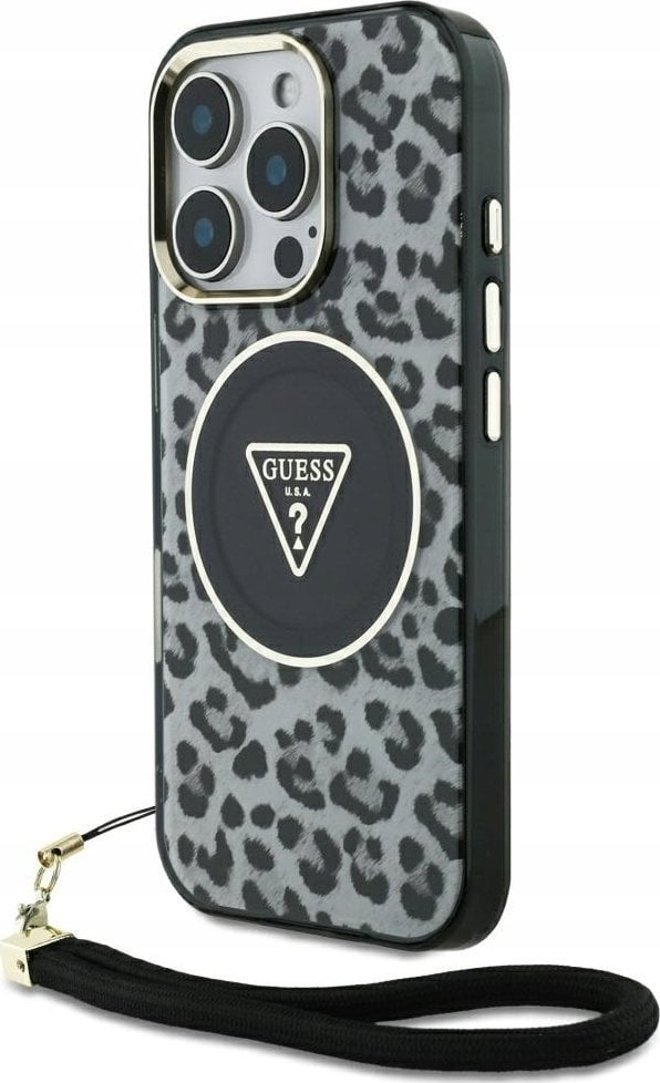 Guess HC IML Leopard Triangle Cord Strap Case for iPhone 16 Pro MagSafe black