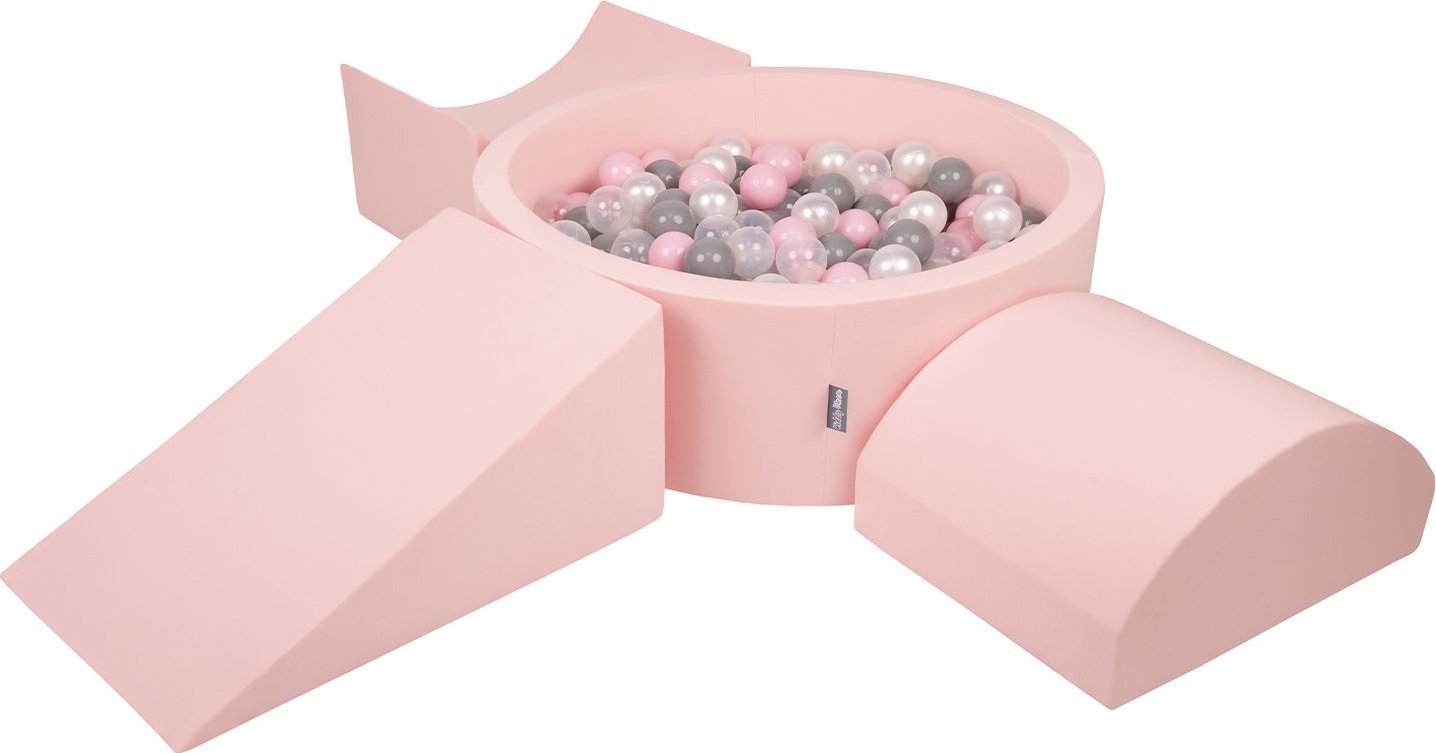 KiddyMoon Piankowy plac zabaw PPZP-OK30D-114 z piłeczkami różowy: perła-szary-transparent-pudrowy róż basen 200/klin L/rampa L/półwałek L Zabawka plac