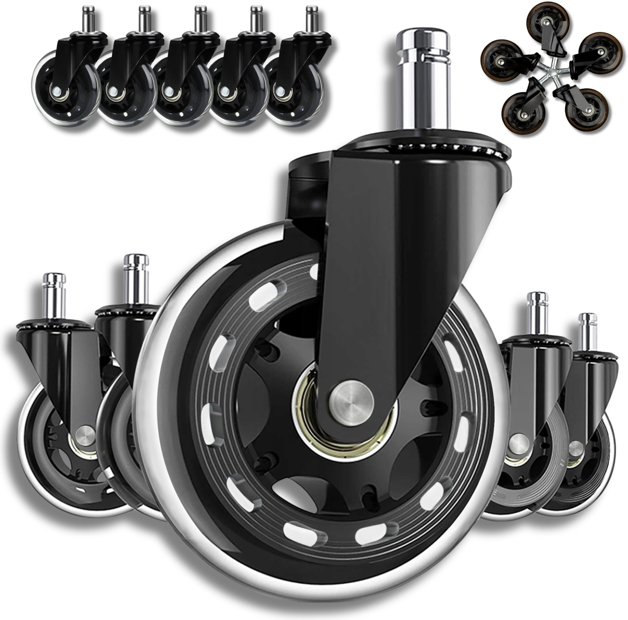 MOCNE GUMOWE KAUCZUKOWE KÓŁA DO FOTELA OBROTOWEGO KRZESŁA ŁOŻYSKOWANE 5SZT