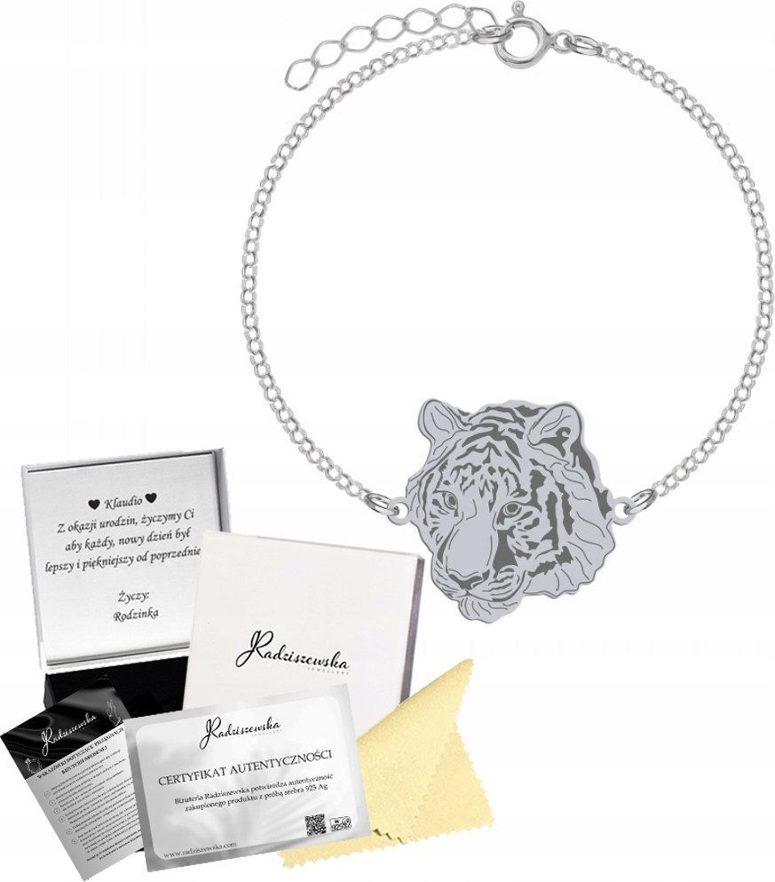 Radziszewska Jewellery BRANSOLETKA SREBRNA Z TYGRYSEM TYGRYS ŁAŃCUSZEK PREZENT 925 GRAWER GRATIS