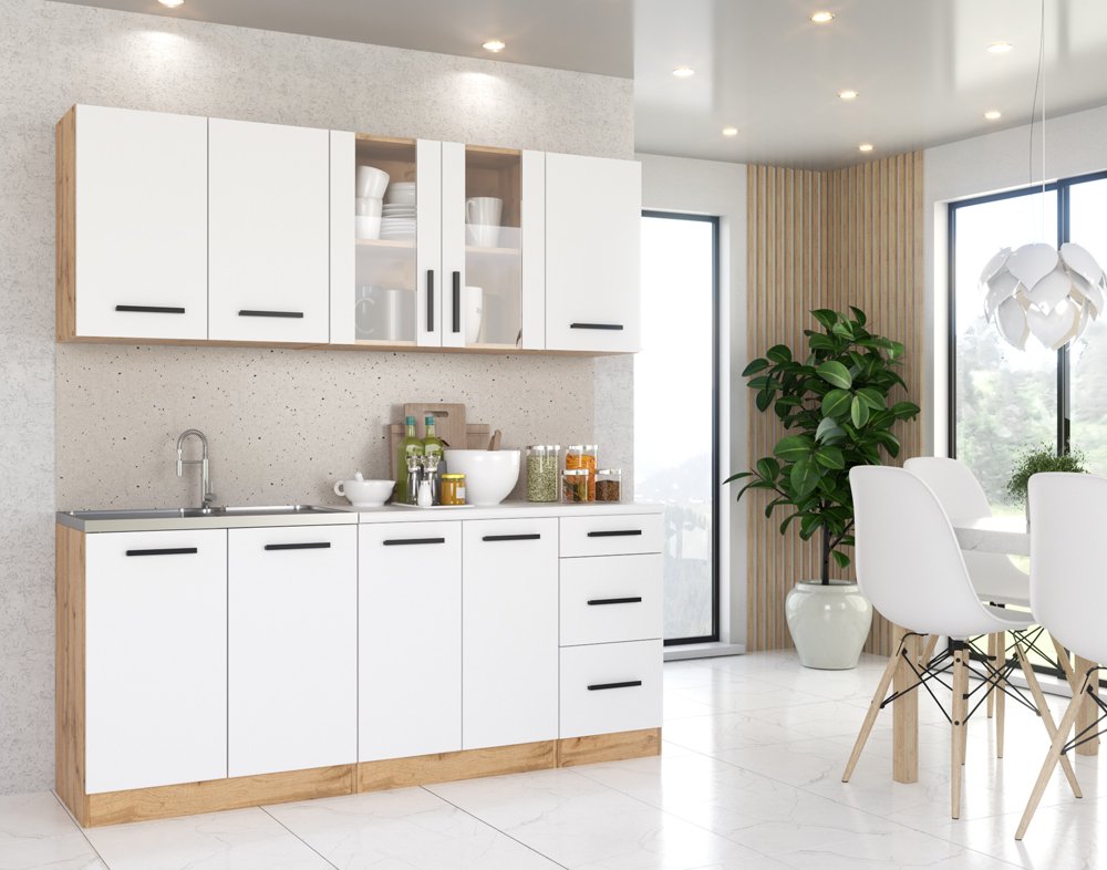 Zestaw Kuchenny Modułowy Z Blatem Duży Wotan Biały Dąb Wotan 2.0m Mały