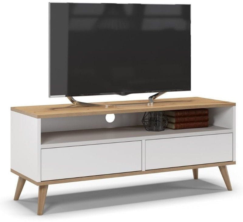 Szafka rtv, stolik pod telewizor, SKAND, 120x40x50 cm, dąb, biel, mat