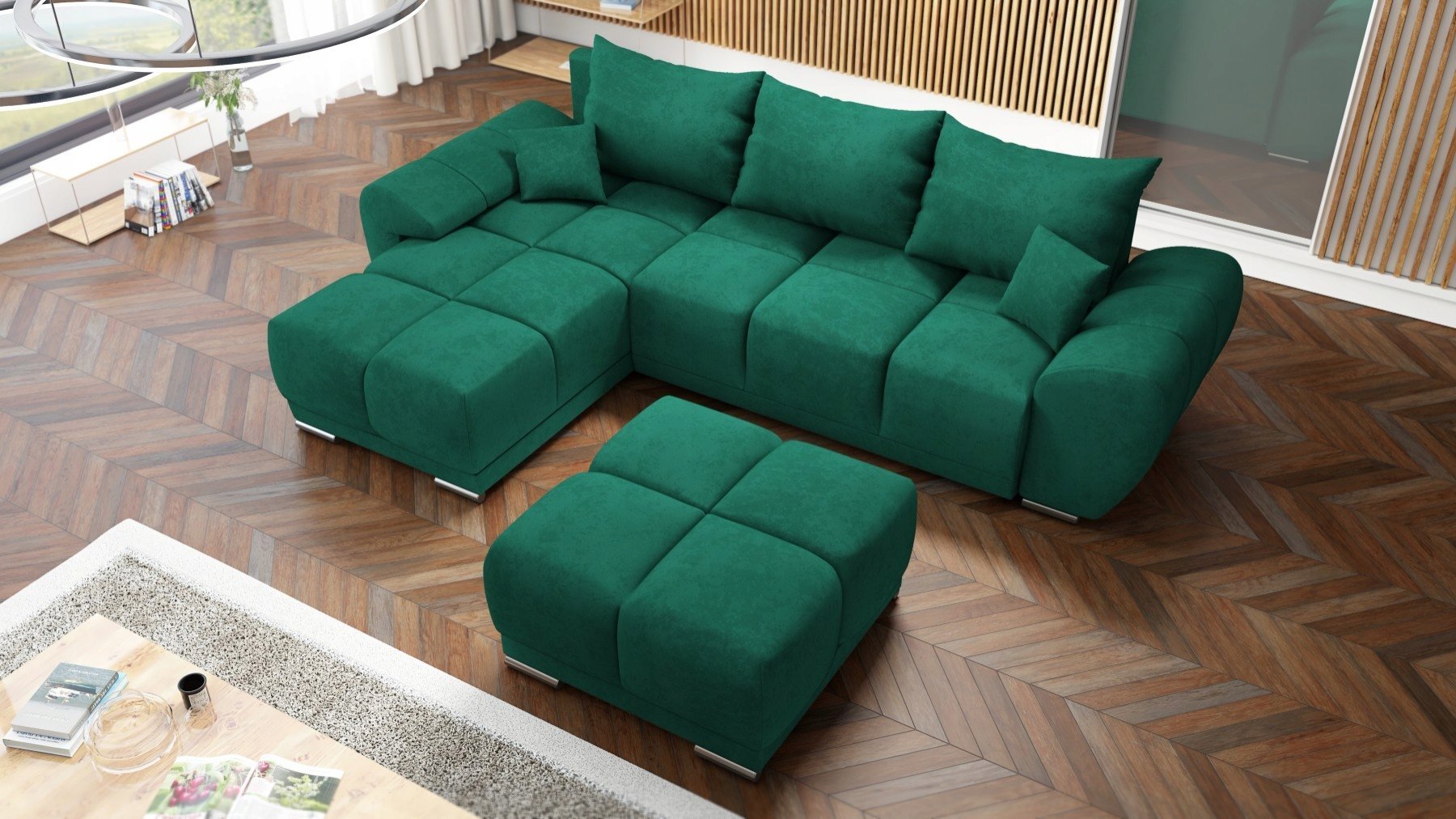 ZIELONY NAROŻNIK ROZKŁADANY ROGÓWKA Z FUNKCJĄ SPANIA HONEY L + DUŻA PUFA