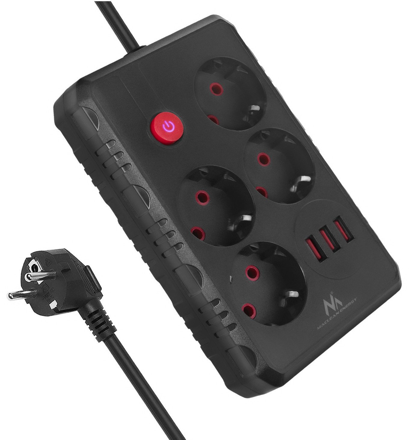 Listwa zasilająca Maclean, przedłużacz 4 gniazda + 3xUSB, 110-240V AC 50/60Hz, 2.1A max 2500W, 1,5m, czarna,MCE392 B