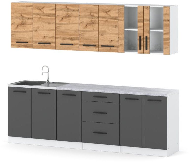 Meble Kuchenne Szare Z Drewnem Remino 2.6m Nowoczesny Komplet Dąb Wotan
