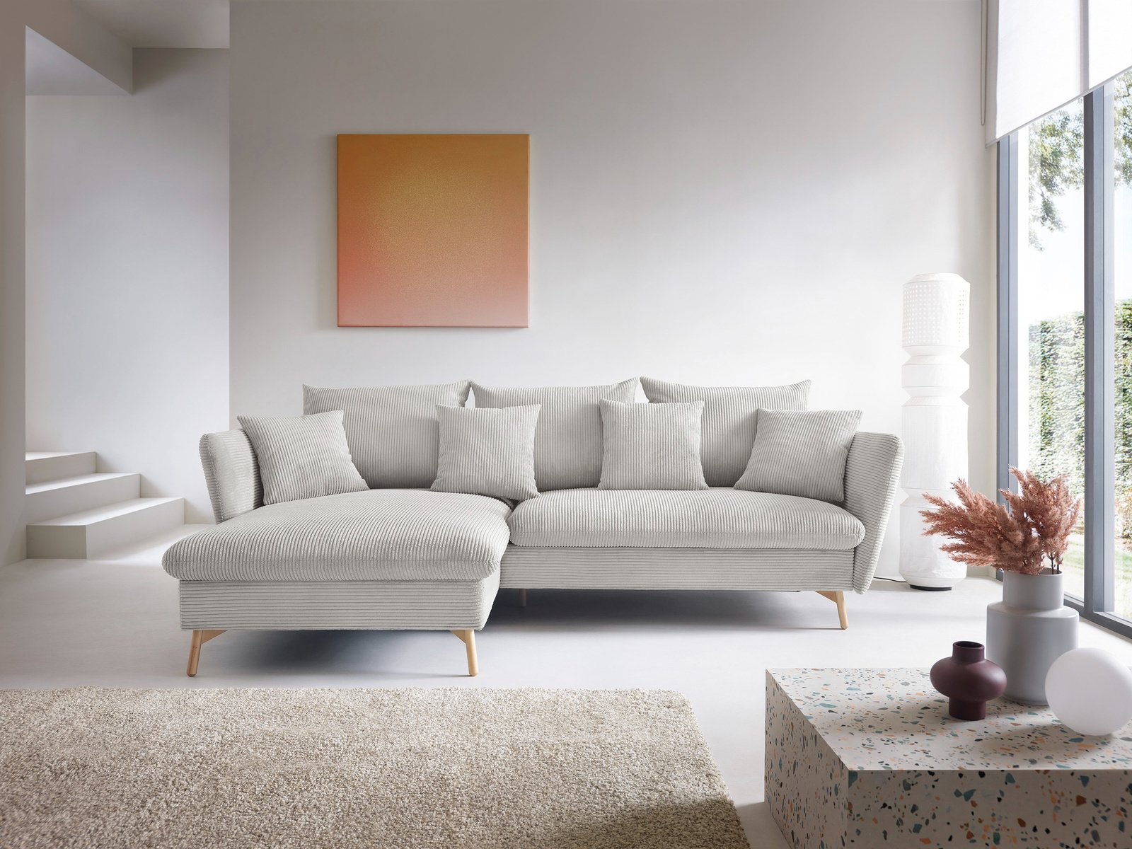 Narożnik MORRE lewostronny sztruks Poso 100 kremowy funkcja spania skandynawski