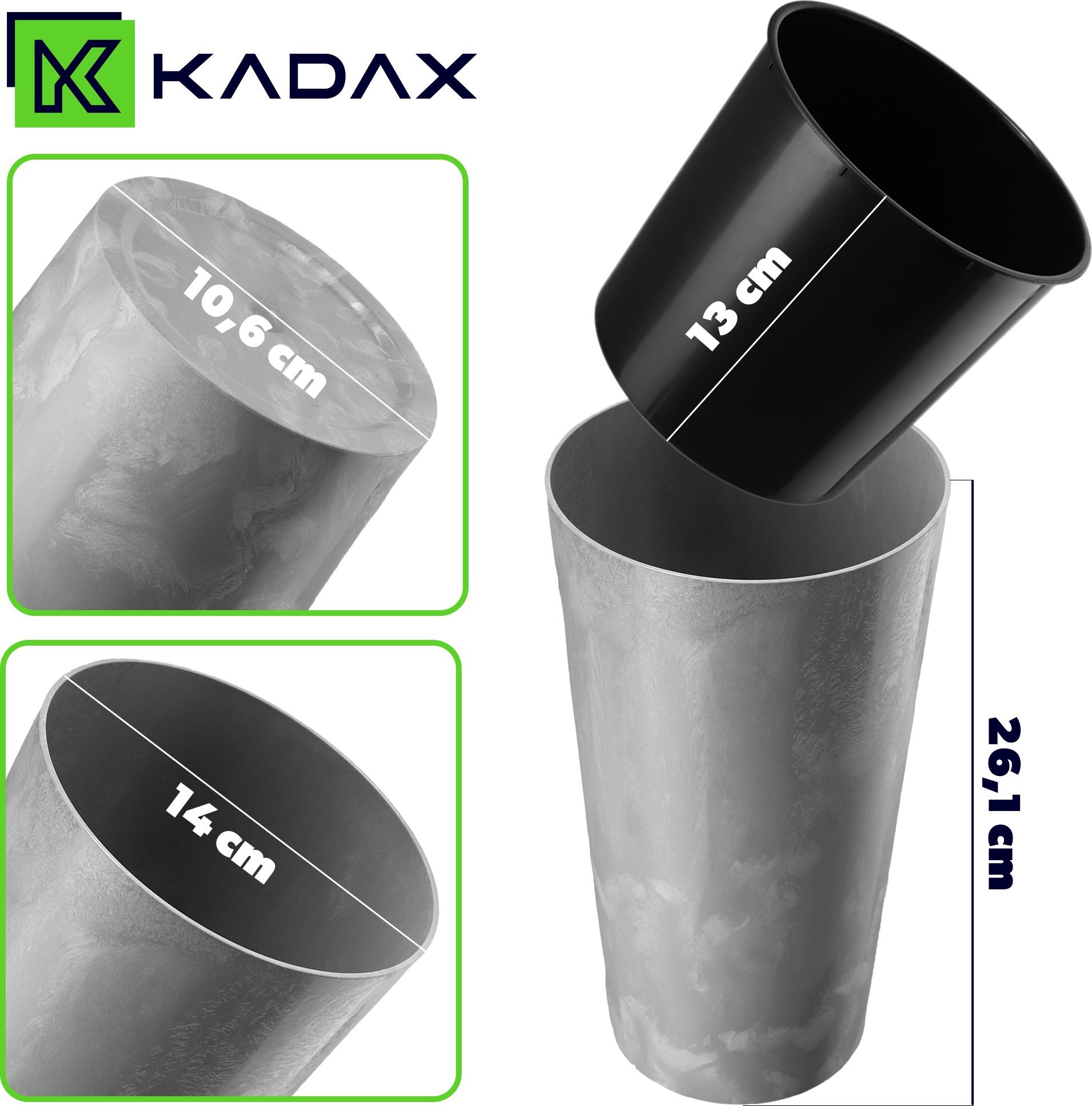 KADAX Doniczka Donica Na Kwiaty 26cm Osłonka Z Wkładem Kwietnik Plastikowa szara