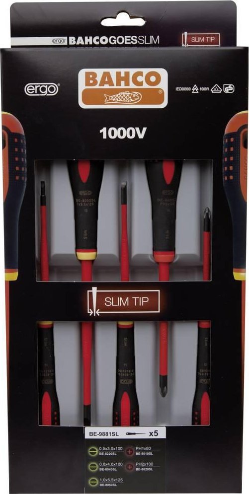 Bahco Bahco Izoliuotų atsuktuvų rinkinys ERGO™ slim 5 vnt - PH1/2; SL3,0/4,0/5,5 - 1000V VDE