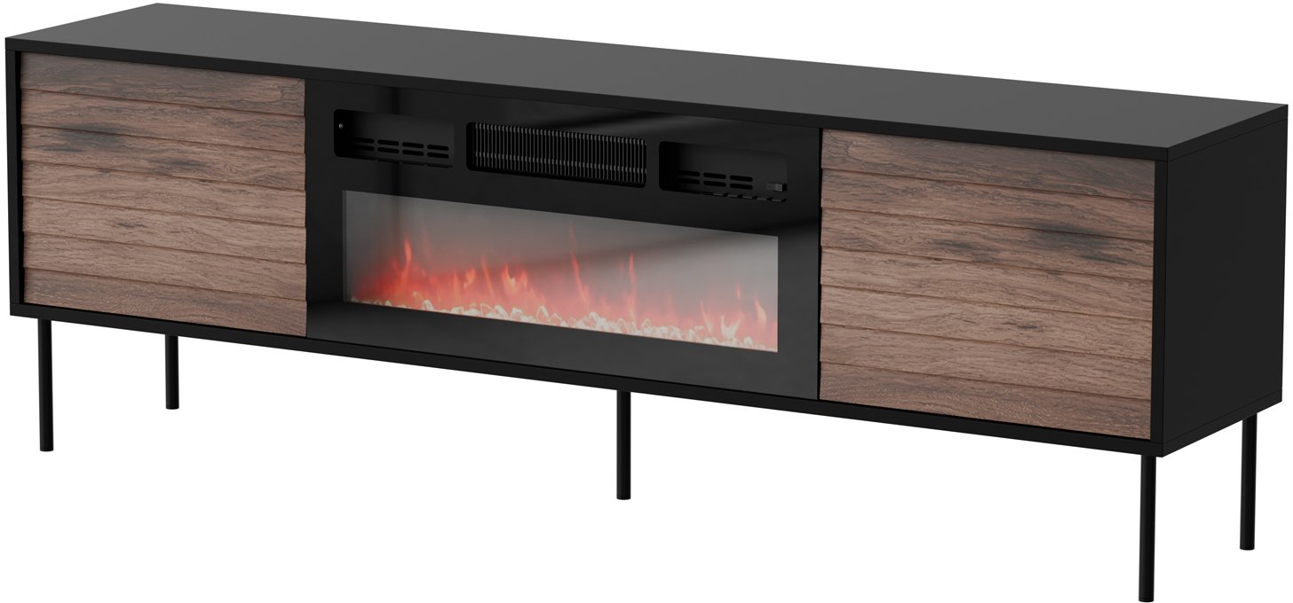 Szafka RTV CORTINA 180x40x60 czarny/orzech + kominek czarny