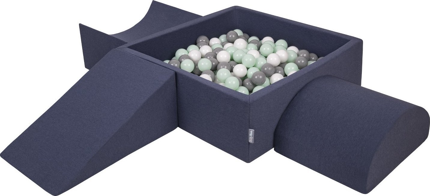 KiddyMoon Piankowy plac zabaw PPZP-KW30D-114 z piłeczkami granatowy: biały-szary-mięta basen 200/klin L/rampa L/półwałek L Zabawka plac zabaw
