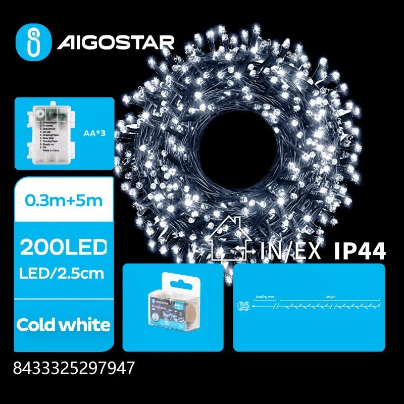 Lampki choinkowe Aigostar Lampki choinkowe ozdobne na 3 baterie AA, Zimna biel, 5m Płaska taśma świetlna fajerwerkowa na 3 baterie AA, Zimna biel, 5