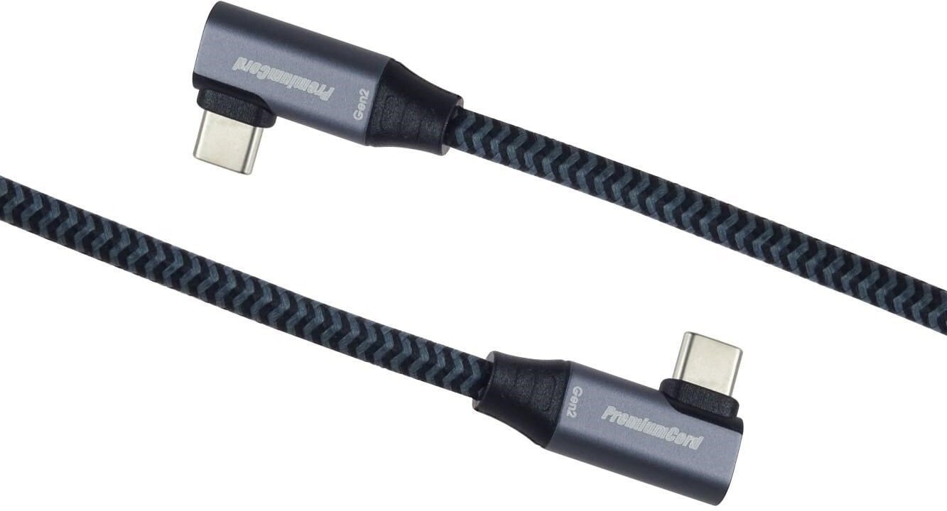 Kabel USB PremiumCord USB-C 2x zakrzywiony kabel ( USB 3.2 GEN 2x2, 5A, 100W, 20Gbit/s ) bawełniany oplot, długość: 3m