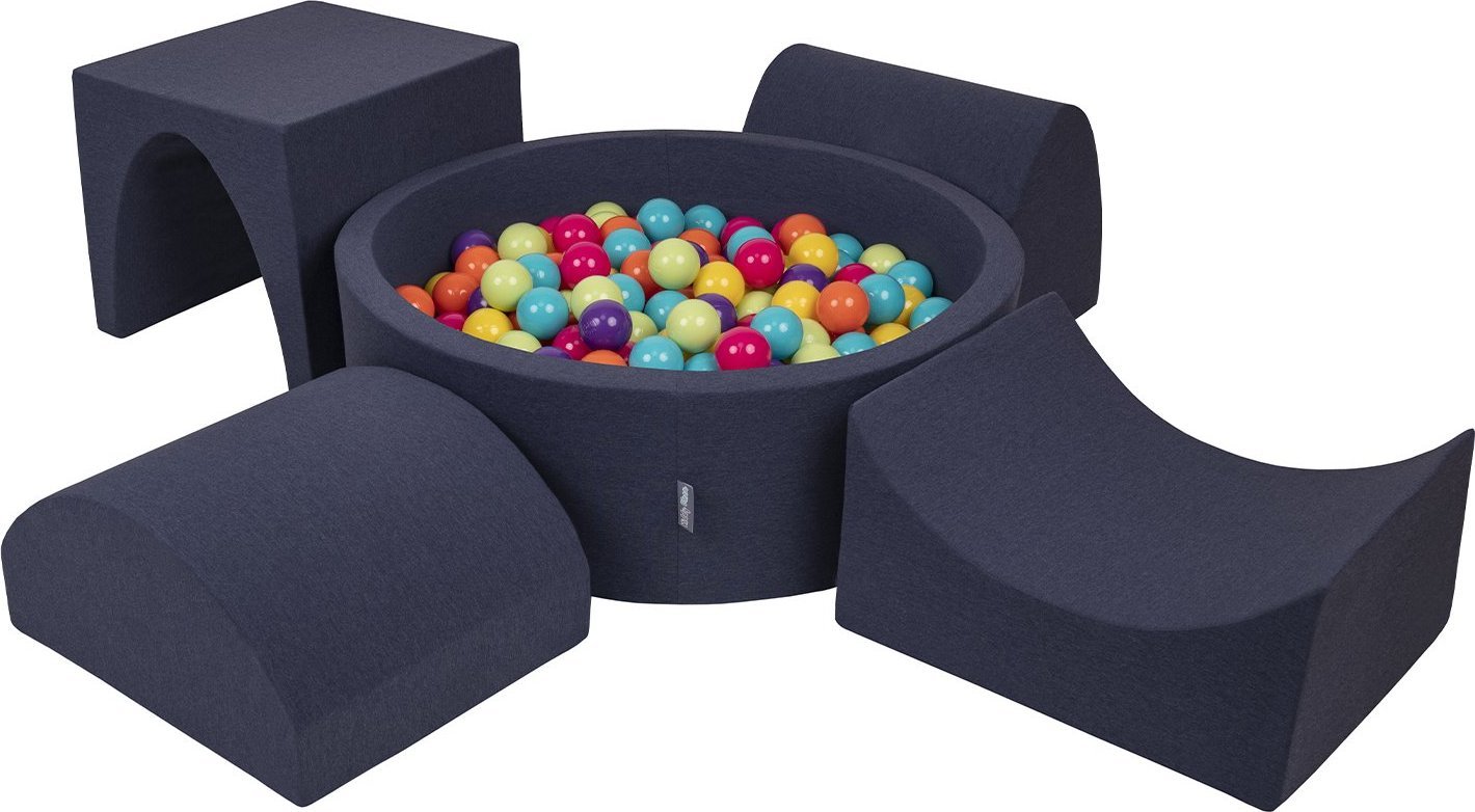KiddyMoon Piankowy plac zabaw PPZP-OK30D-135 z piłeczkami granatowy: jasny zielony-żółty-turkus-pomarańcz-ciemny róż-fiolet basen 200/górka/tunel/ramp