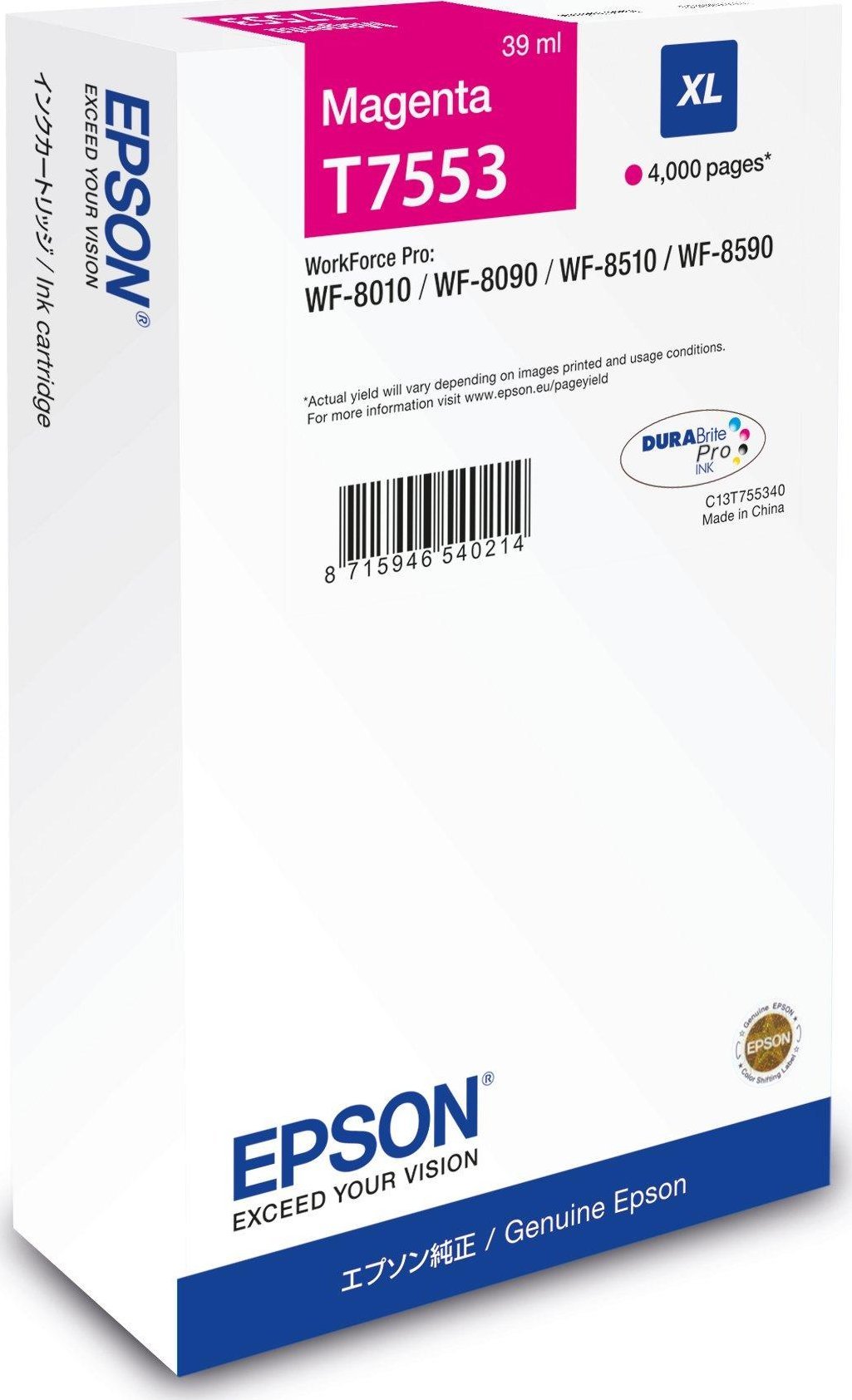 Tusz Epson Epson originln ink C13T75534N, T7553, XL, magenta, 4000str., 39ml, 1, ks, Epson WorkForce Pro WF-8590DWF