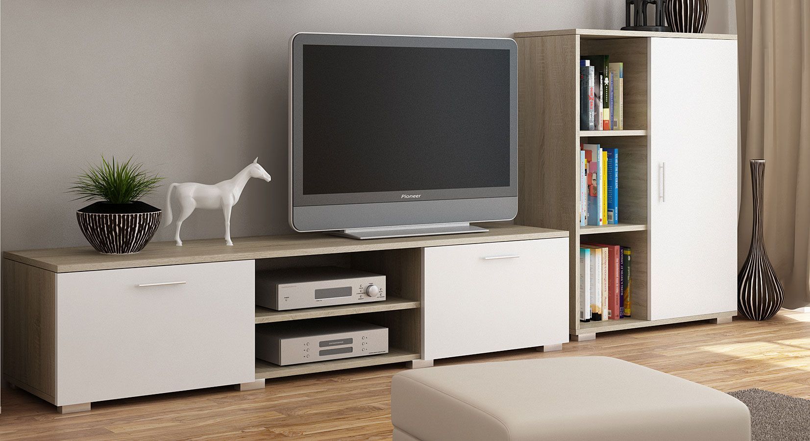 Elior Szafka RTV Pixelo - biała + dąb sonoma