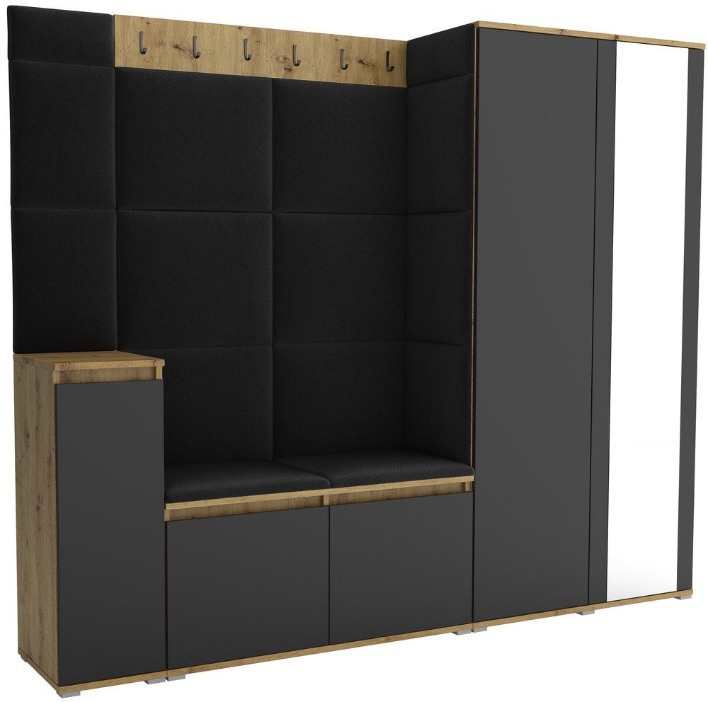 Tapicerowana garderoba Noris VIII z lustrem - kolor artisan z czarnym frontem + tkanina Trinity 16