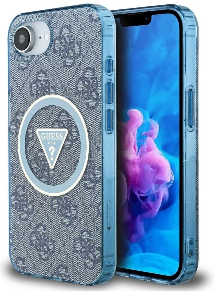 Case Guess IML Metal Glitter 4G Circle Triangle MagSafe for iPhone 16e blue