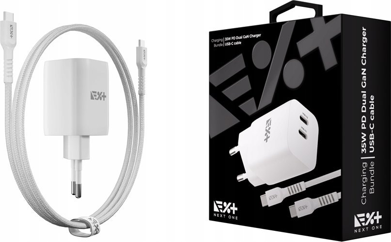 Ładowarka NEXT ONE NEXT ONE Ładowarka sieciowa Fast 35W GaN 2xUSB-C z kablem USB-C white