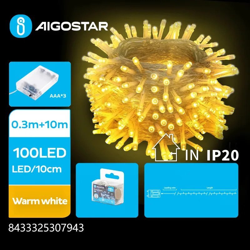 Lampki choinkowe Aigostar Lampki choinkowe taśma ozdobna na 3 baterie AA, Ciepła biel, 10m Płaska taśma świetlna na 3 baterie AA, Ciepła biel, 10m