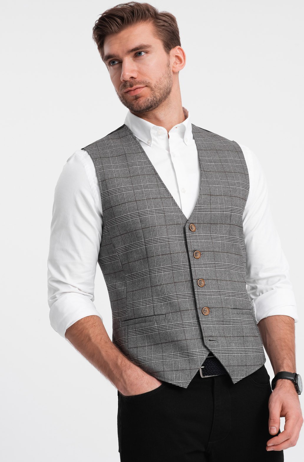 Ombre Kamizelka męska bez klap w delikatną kratę - grafitowa V2 OM-BLZV-0123 L
