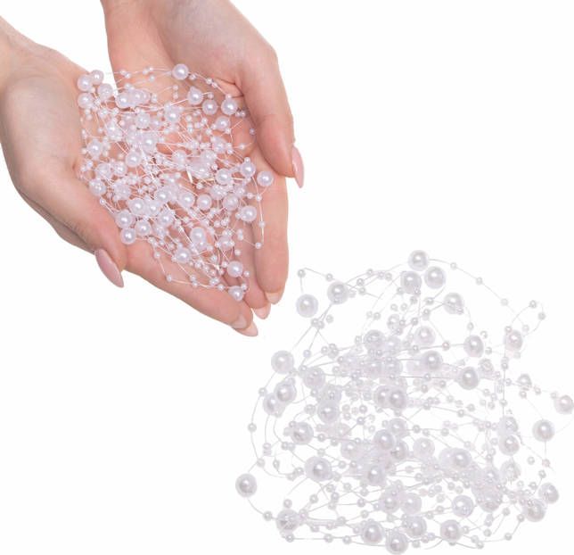 Springos Łańcuch na choinkę z pereł 3-8mm ozdoba świąteczna biały UNIWERSALNY