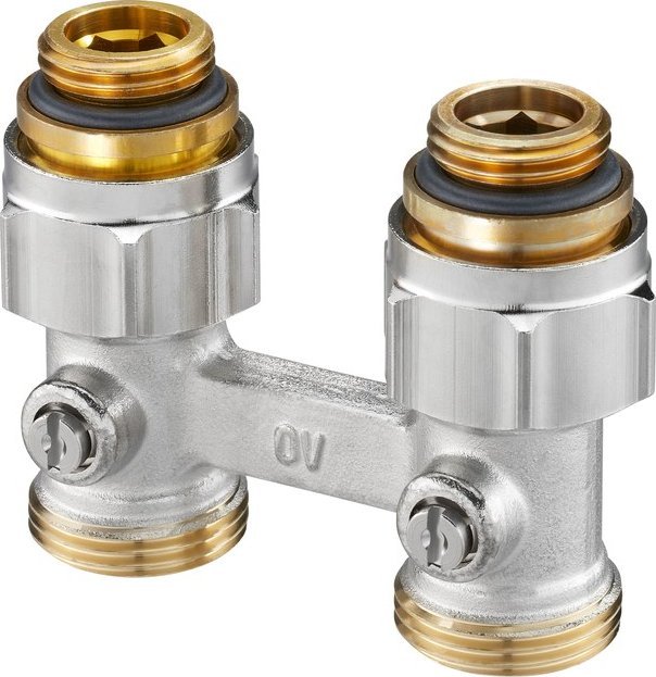 Oventrop Multiflex F, ZB-podwójne przyłącze z odcięciem, 1/2GZx3/4GZ, mosiądz, niklowane