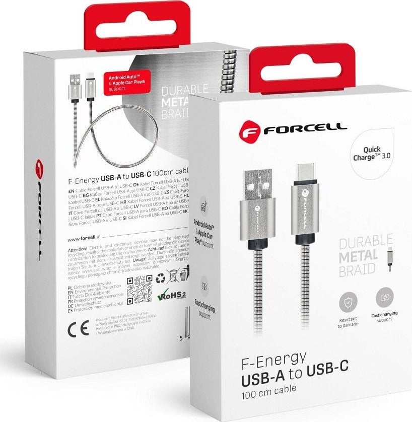 Kabel USB ForCell USB-A - USB-C 1 m Srebrny
