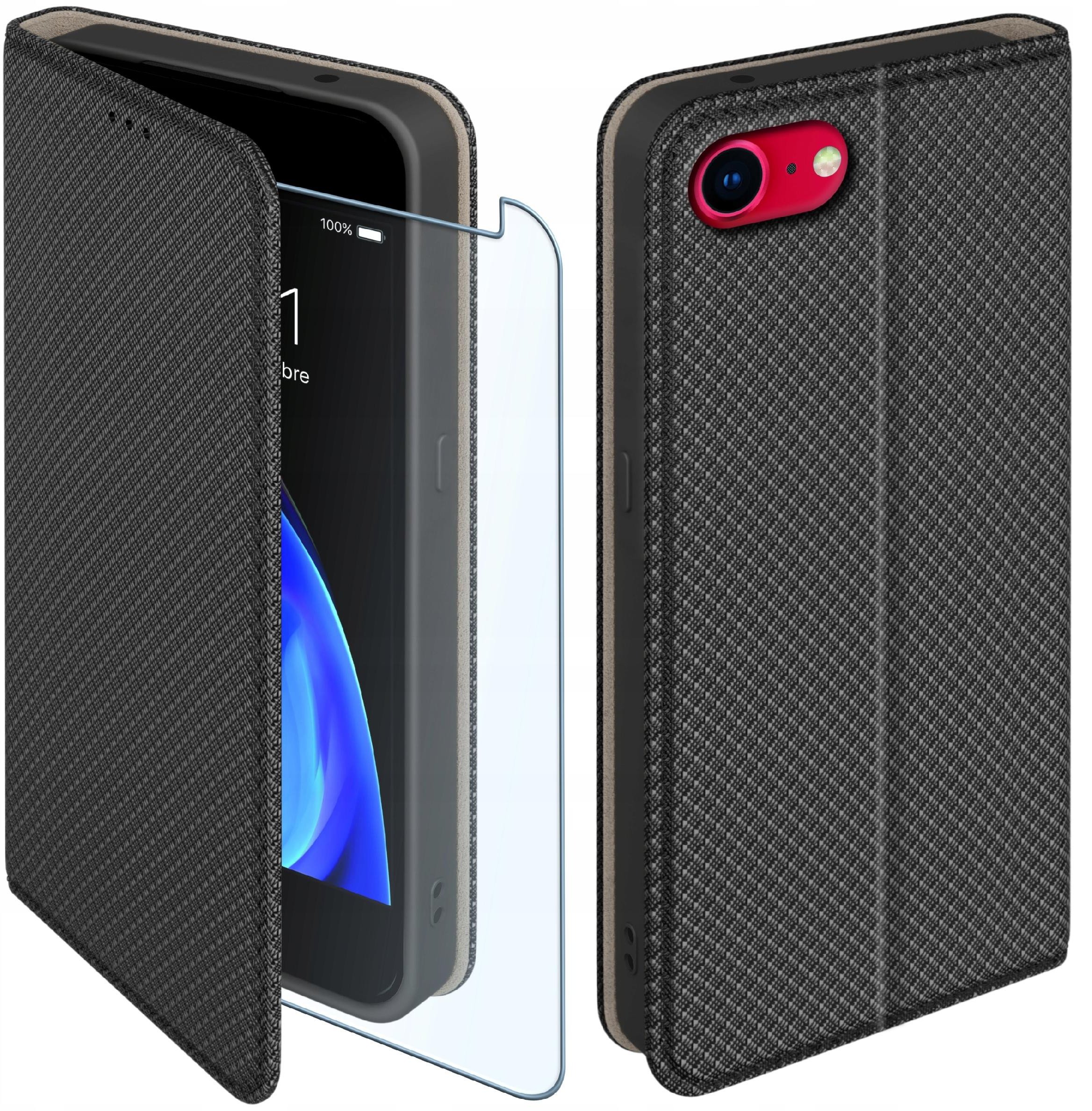 Etui z klapką do iPhone 7 | 8 Zamykane Czarne Futerał + Szkło 9H