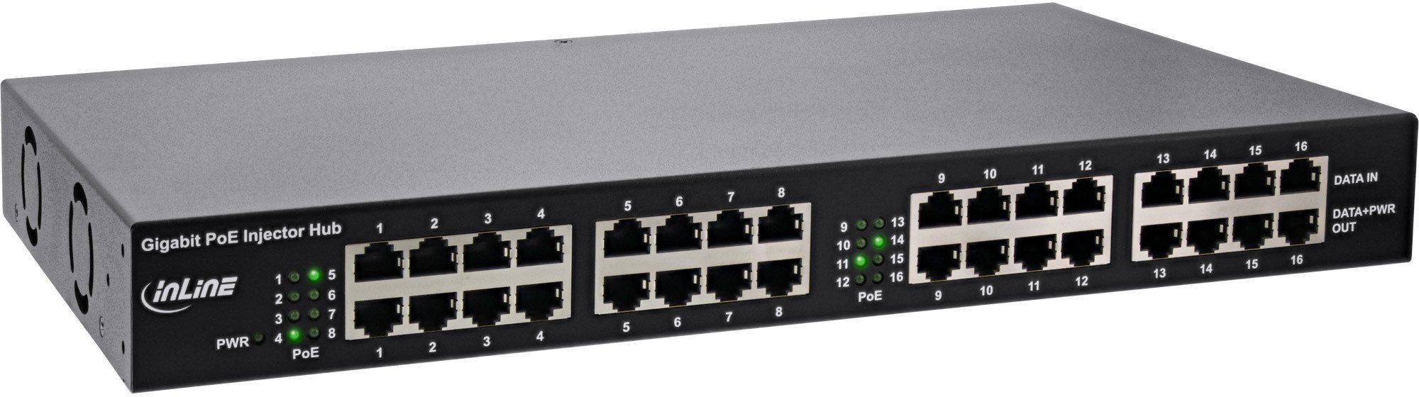 Switch InLine InLine® PoE+ Gigabit Network Injector Hub 16 Port (16x PoE+), 1Gb/s, 19" 1U (brackets included), metal, 2 fans