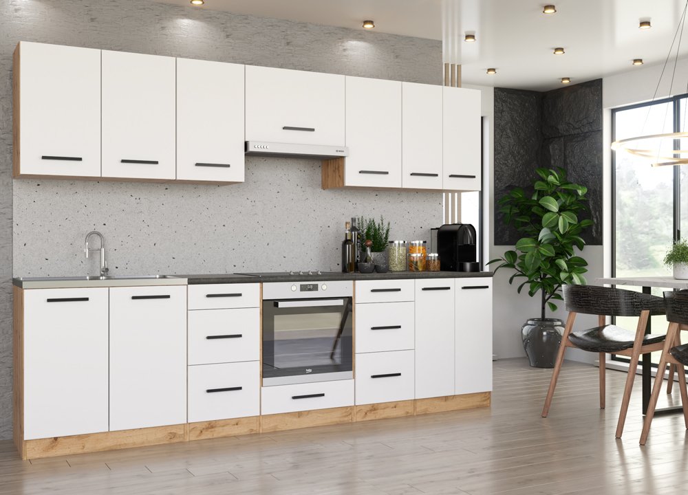 Zestaw Kuchenny Z Blatem Roma 2.8m Duży Modułowy Wotan Biały Mat Dąb Wotan