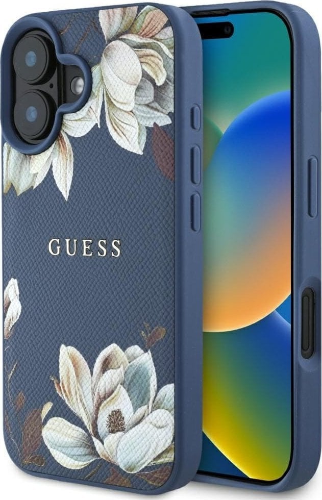 Etui Guess Grained Printed Flower Pattern MagSafe do iPhone 16 niebieski