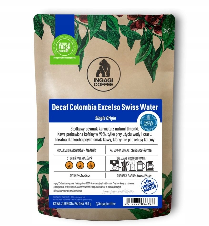 Kawa ziarnista Kawa ziarnista Ingagi Coffee Decaf Colombia Excelso Swiss Water 250g