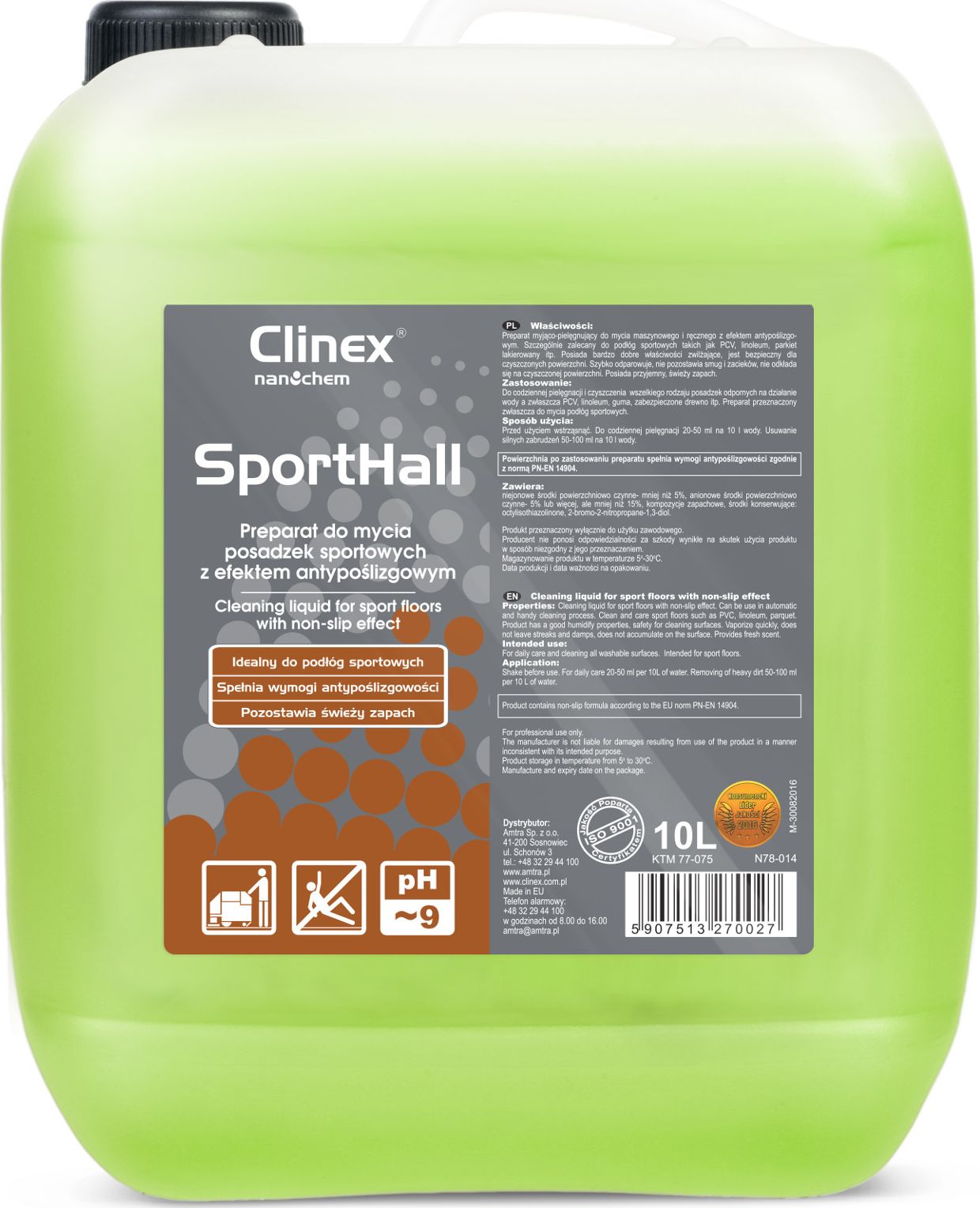 Clinex Płyn do mycia PCV linoleum parkietu w halach sportowych antypoślizgowy CLINEX SportHall 10L Płyn do mycia PCV linoleum parkietu w halach sporto