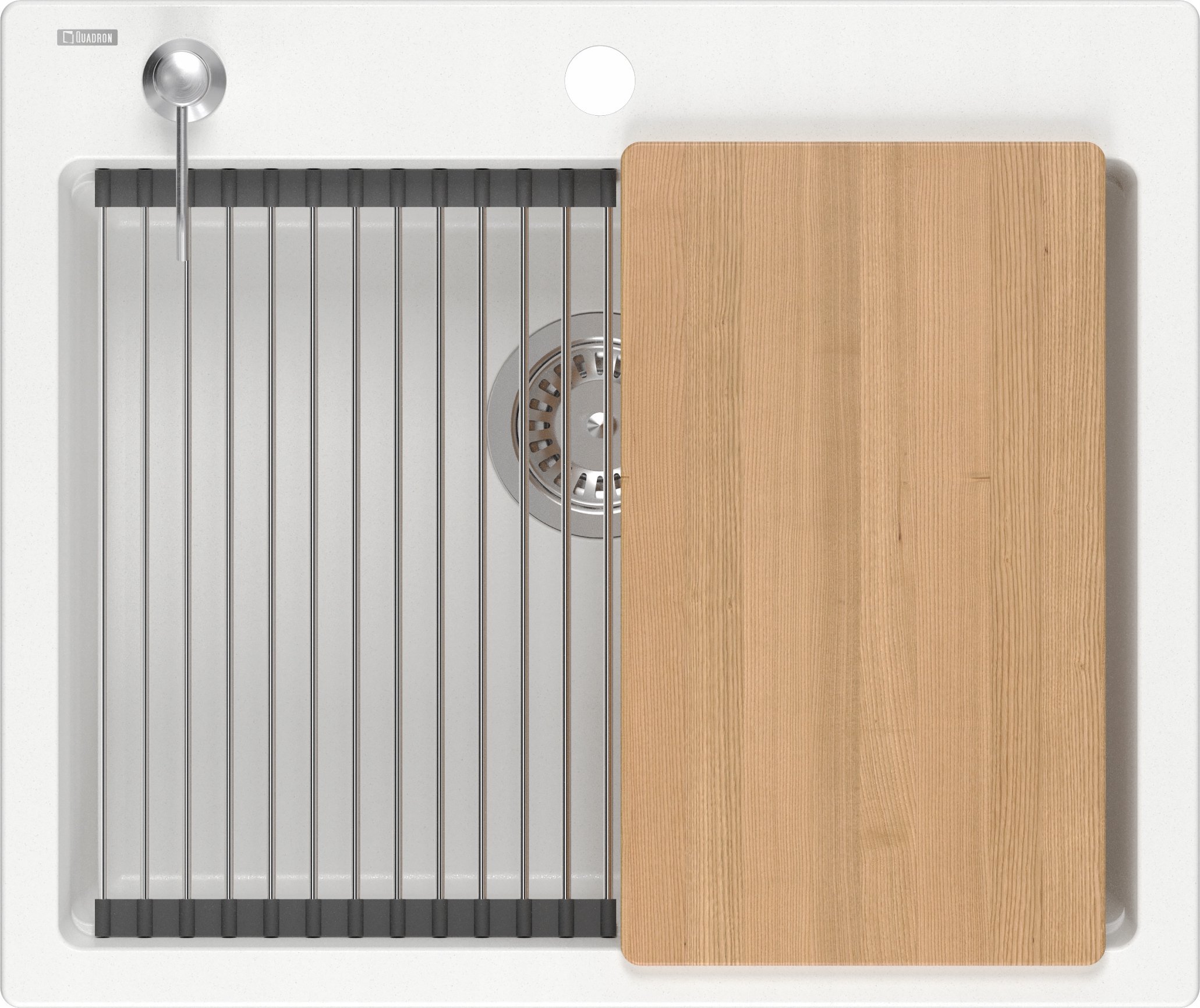 Zlewozmywak GraniteQ Quadron | KURT 110 | kuchenny zlewozmywak granitowy BIAŁY | wymiary: 59,5 x 50 x 21,5 cm | akcesoria: syfon, dozownik, deska, Qma