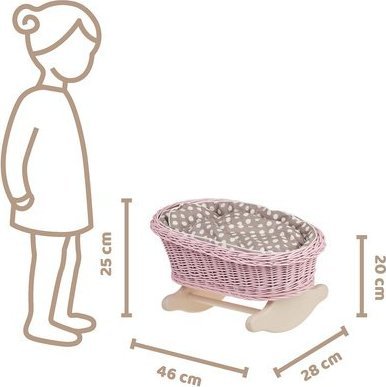 WickerPL BUJANE różowe ŁÓŻECZKO KOŁYSKA Z WIKLINY DLA LALEK Z POŚCIELĄ 46X28 H 20/25 CM