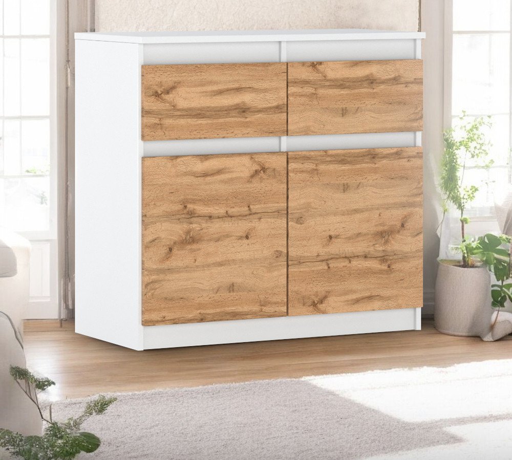 Komoda Biała Z Drewnem 80cm 2 Szuflady Pojemna Szafka Nowoczesna Dąb Wotan