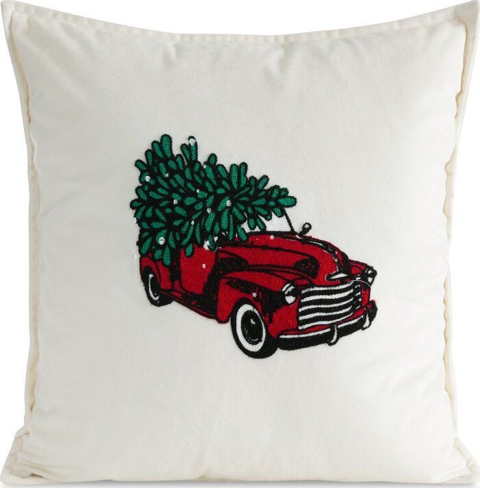 Eurofirany Poszewka świąteczna welwetowa z haftem auto z choinką 45X45 biała