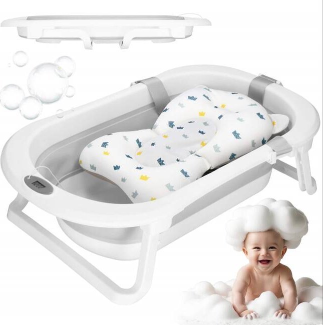 Wanienka dla niemowląt z poduszka korkiem i termometrem 40 L przenośna, biało-szara UNIWERSALNY