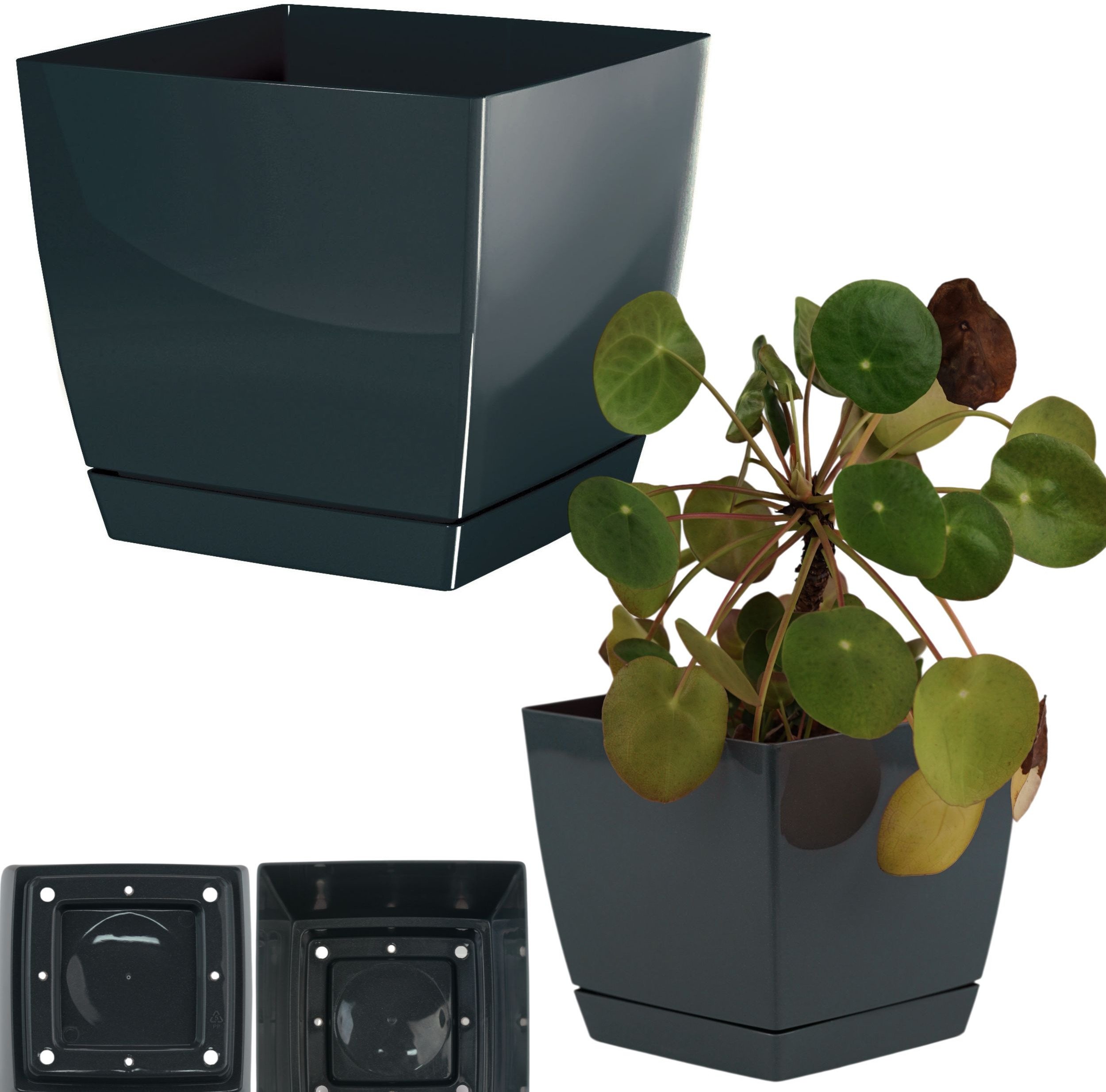 Doniczka niska kwadratowa w połysku 10cm + podstawka