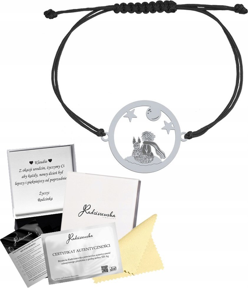Radziszewska Jewellery Bransoletka Srebrna z Małym Księciem Lis Sznurek Prezent GRAWER GRATIS