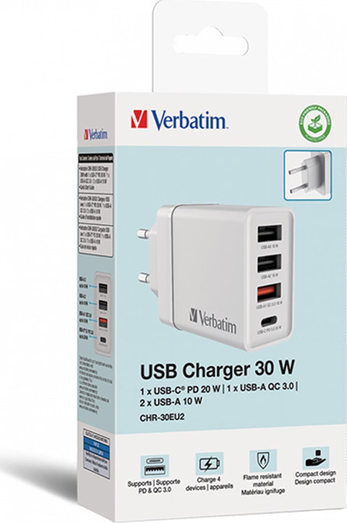 Ładowarka Verbatim Ładowarka sieciowa Verbatim 1xUSB-C PD 20W 1xUSB-A QC 3.0 2xUSB-A 10W UE biała