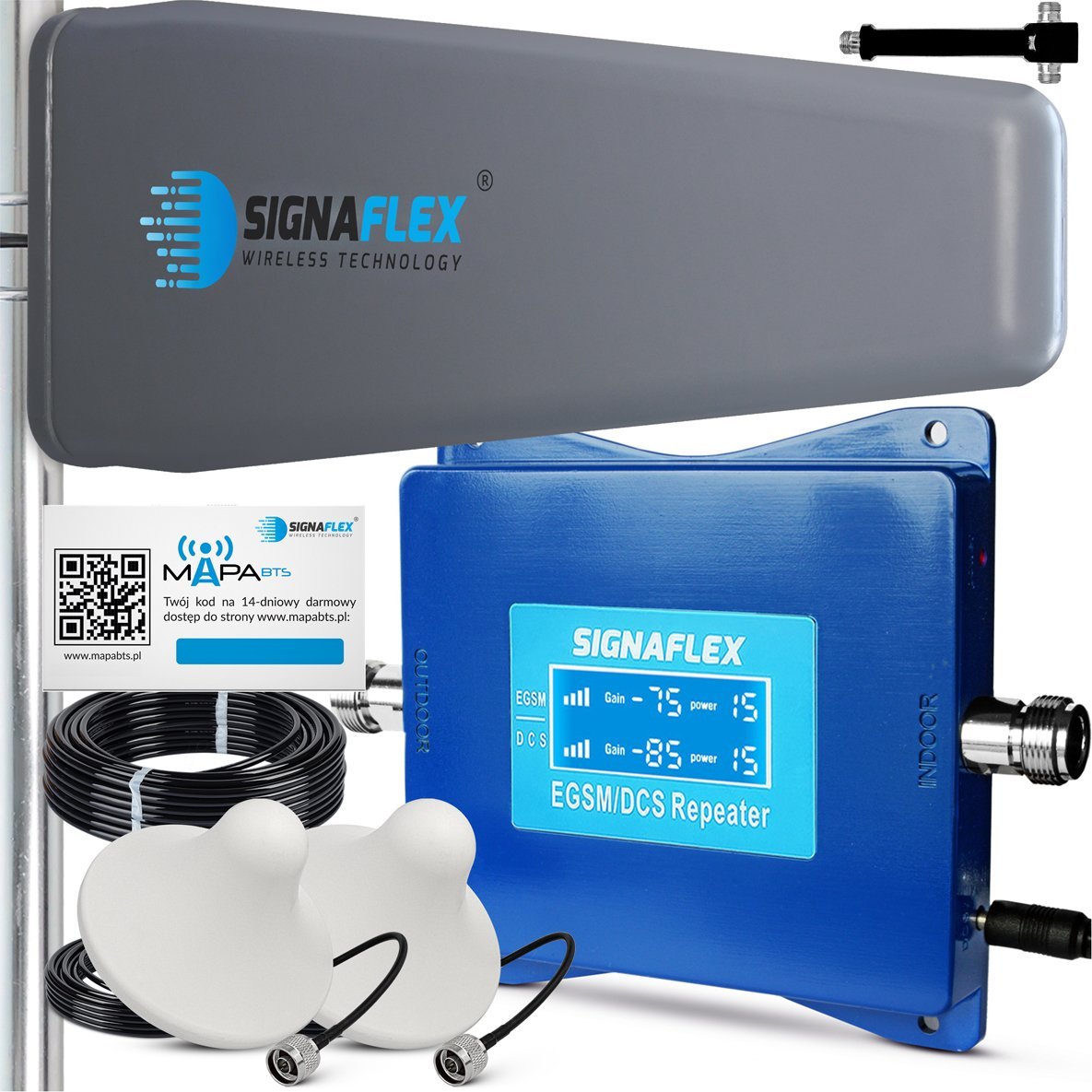 System przekazu sygnału AV Signaflex Zestaw Wzmacniacz Signaflex Egsm/Dcs Blue Ls-Egd10 + T2 23Dbi 15M + 2X Grzybek