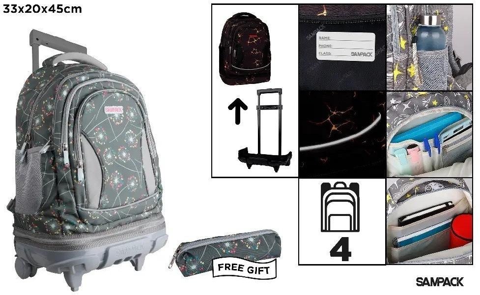 Plecak ze stelażem i kółkami 4 komory + piórnik