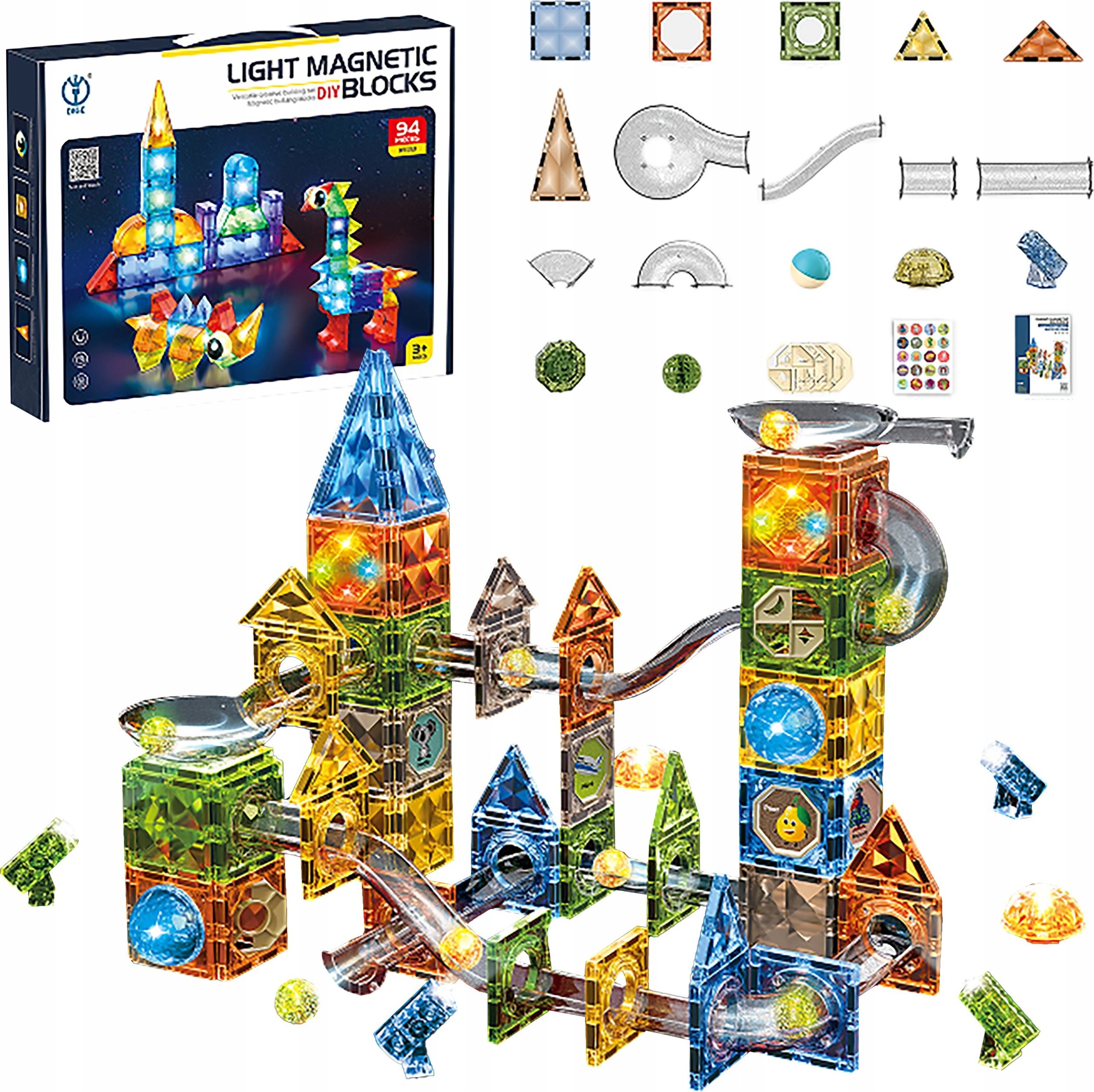 Klocki Magnetyczne Konstrukcyjne TOR KULKOWY Świecące Elementy 142 El. Kulodrom