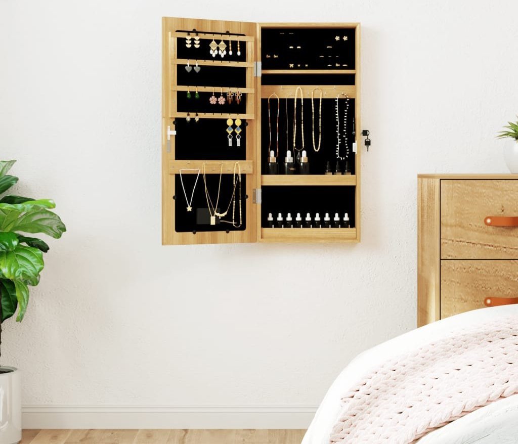 vidaXL Szafka ścienna na biżuterię, z lustrem i oświetleniem LED