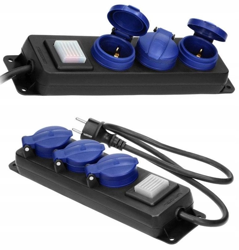 Przedłużacz warsztatowy bryzgoszczelny z wyłącznikiem IP44, 3 gniazda 2P+Z IP44, przewód gumowy, H05RR-F 3x1,5mm?, 5m