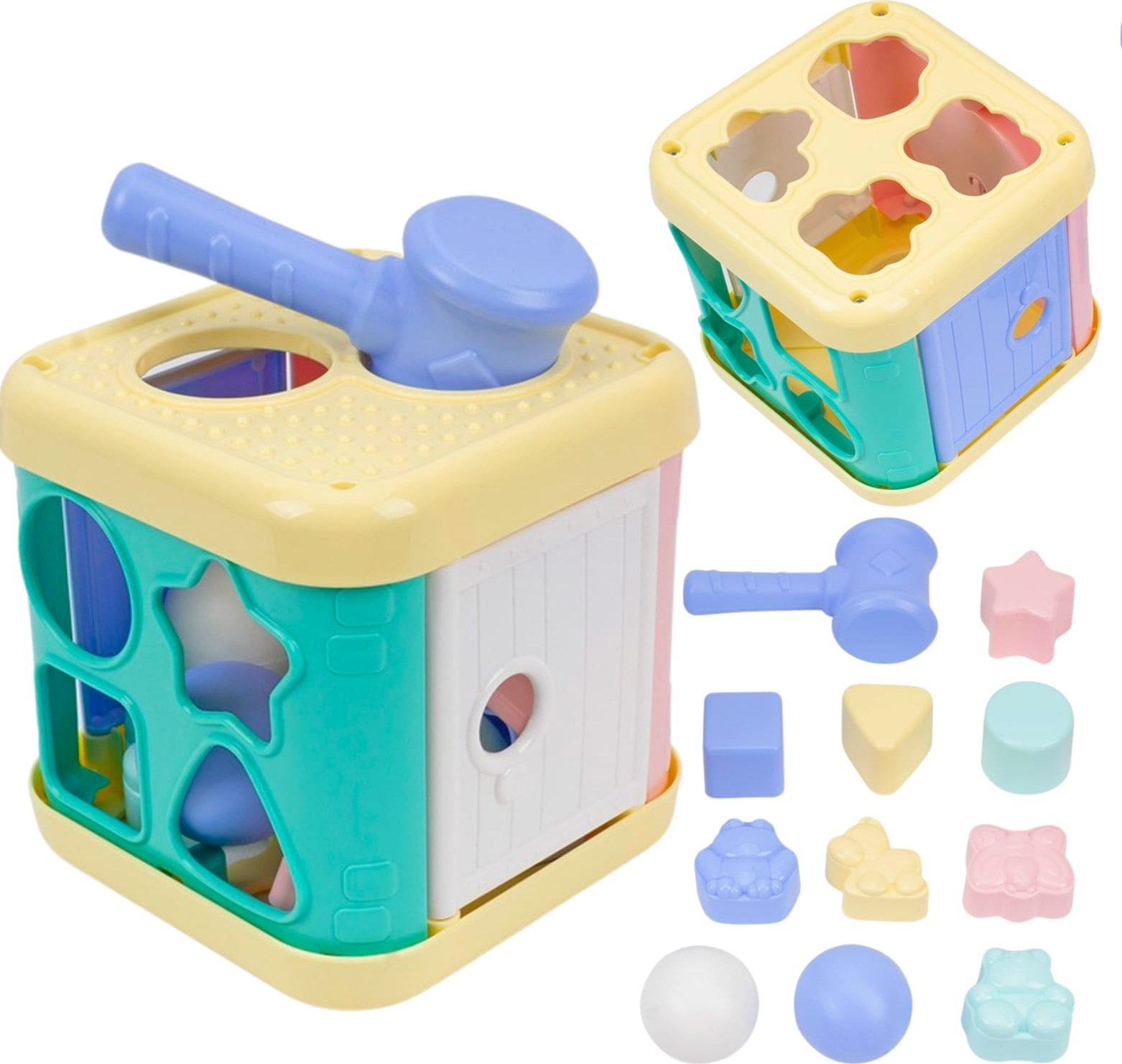 Kostka Sensoryczna Edukacyjna Klocki Młotek Otwierane Drzwi Koła Zębate