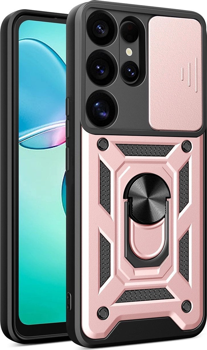 Etui pancerne Hybrid Armor Camshield z osłoną aparatu i metalowym ringiem do Samsung Galaxy S25 Ultra - różowe