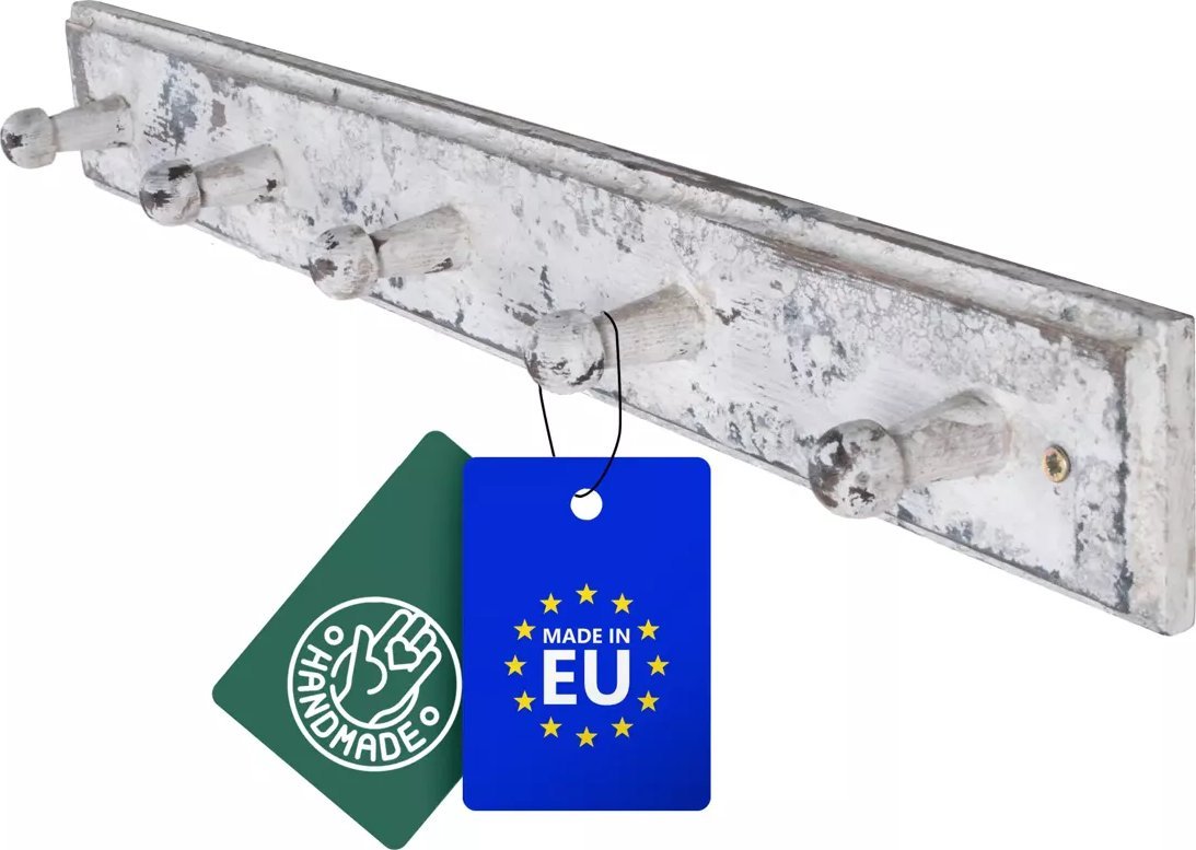 John Paddle Biały Wieszak John Paddle z 5 Haczykami z Litego Drewna Sosnowego w stylu antycznego loftu industrialnego Uniwersalny