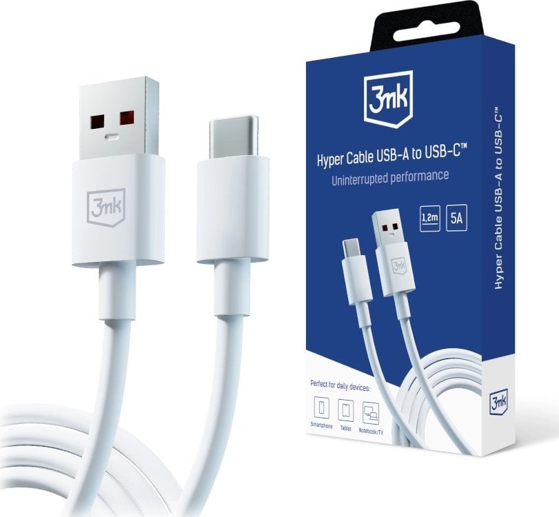 Kabel USB 3MK USB-A - USB-C 1.2 m Biały (Hyper Cable A to C 1.2m 5A)